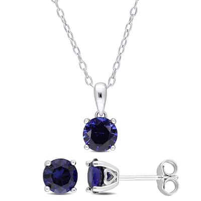 Miadora 3ct TGW Created Blue Sapphire Solitaire Necklace and Stud Earrings Set in Sterling Silver