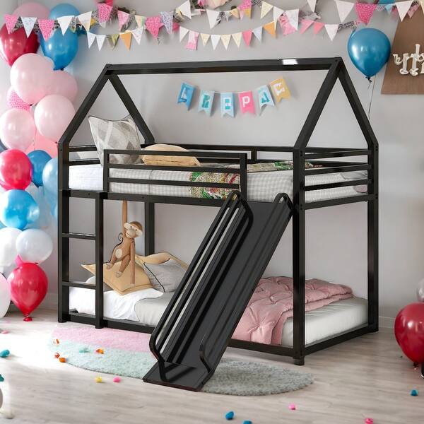 slide 2 of 28, Modern Black Twin Over Twin House Bunk Bed With Convertible Ladder and Slide