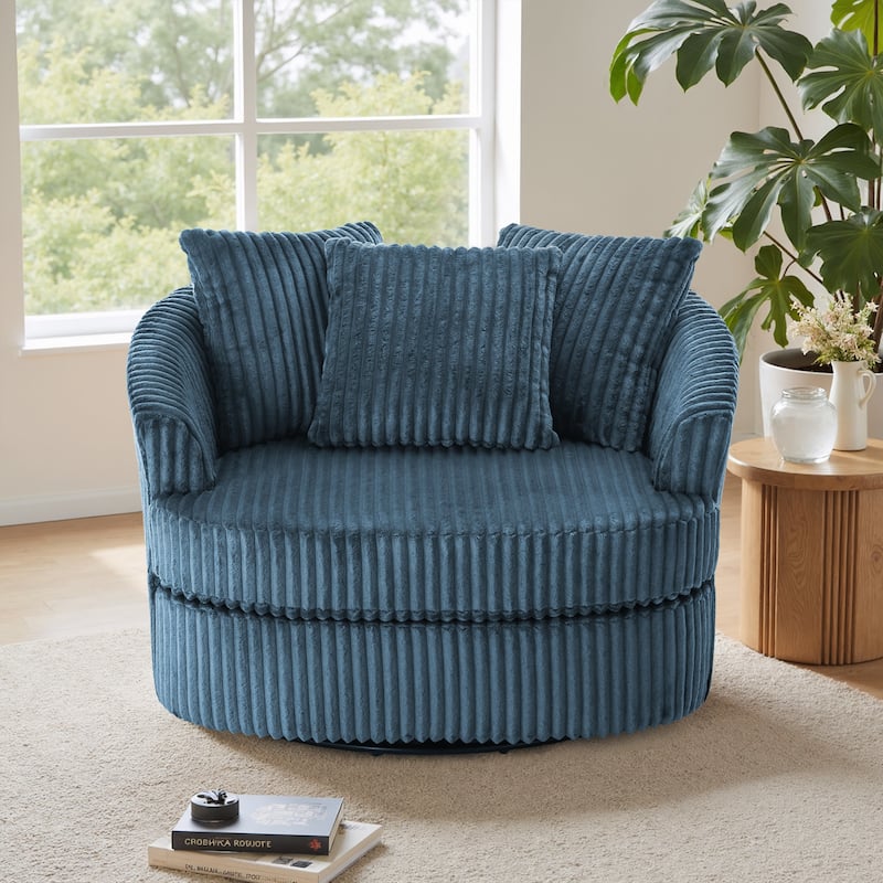 Oversized 43" W Plush Corduroy Recessed Arm Swivel Barrel Chair