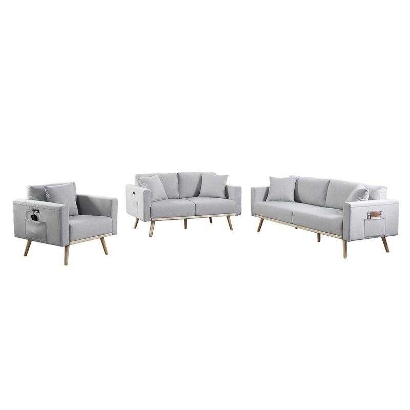 Easton Linen Fabric Sofa Loveseat Chair Living Room Set with USB Charging Ports Pockets & Pillows