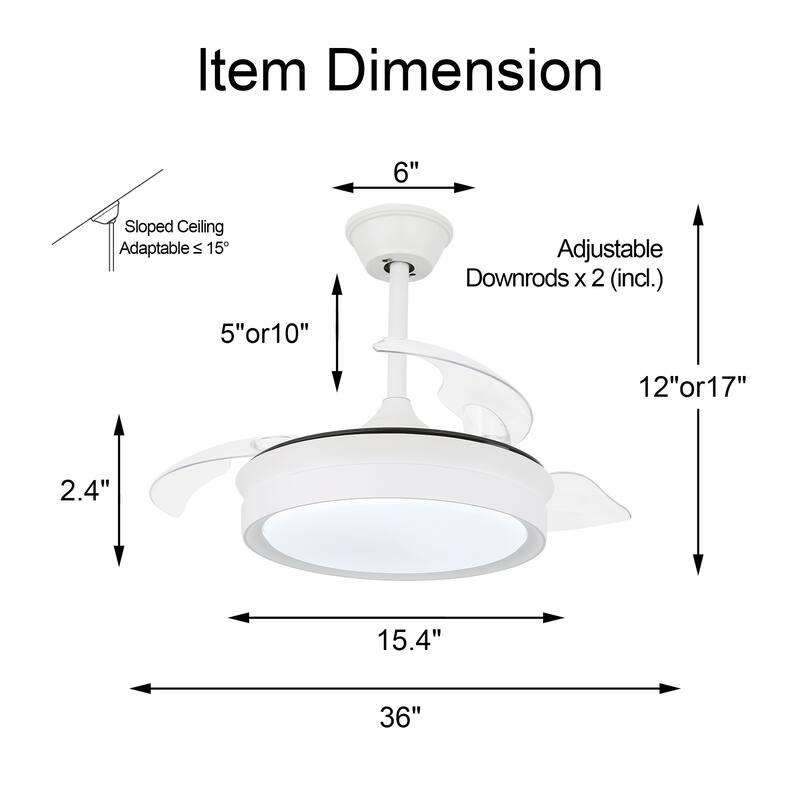 36" Dimmable Retractable Modern Ceiling Fan with Light, 6-Speed Reversible DC Motor Ceiling Fan with Remote - 36