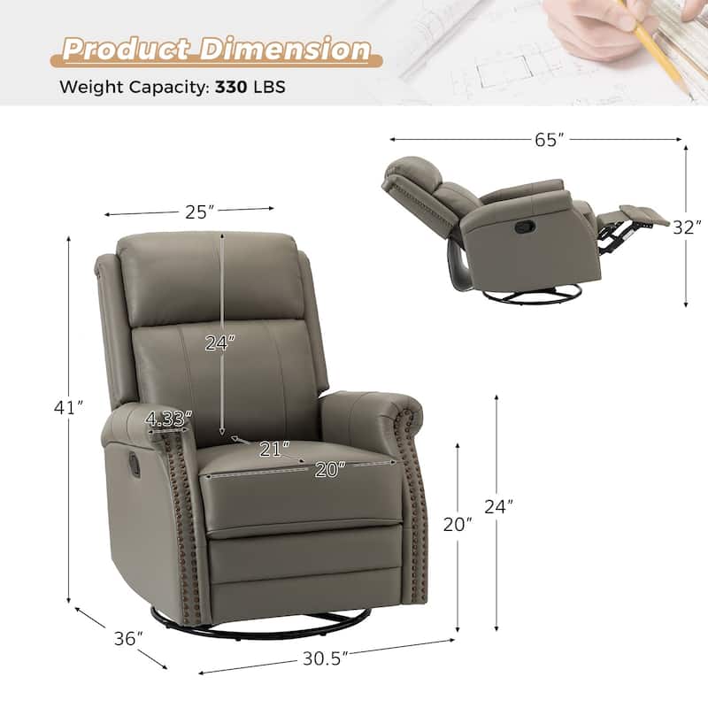 Alina Modern 20''w Genuine Leather Swivel Rocker Nursery Manual Recliner Chair with Rolled Arms by HULALA HOME