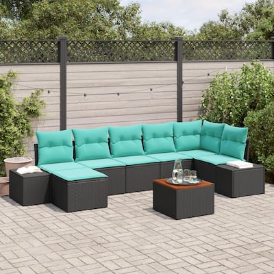 vidaXL 8 Piece Garden Sofa Set with Cushions Black Poly Rattan Acacia - 125.6×60.6×27.2