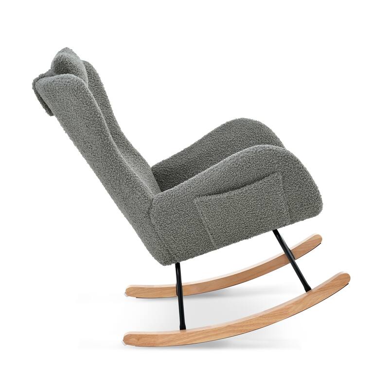 Polyester Glider Chair with Adjustable Headrest and Storage Pocket, Rubber Wood Base