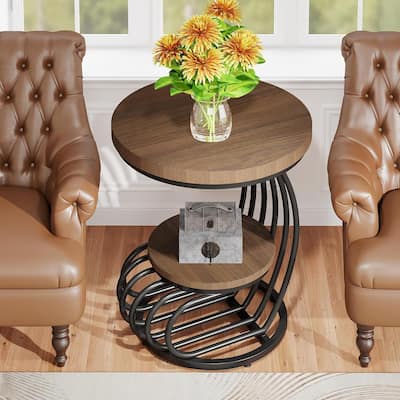 19.68" Round Vintage End Table with 2-Tier Storage - Light Brow
