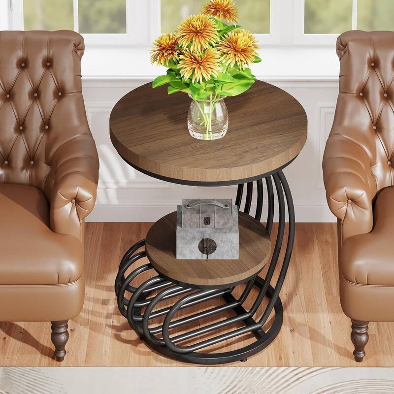 19.68" Round Vintage End Table with 2-Tier Storage - Light Brow