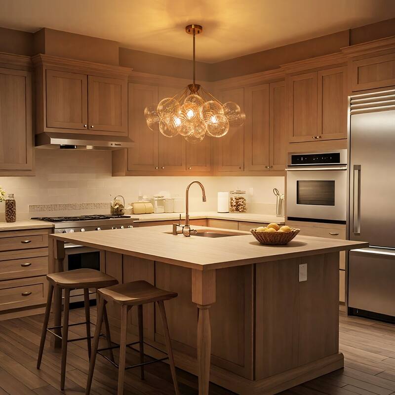 3-Light Contemporary Textured Brass & Bubble Glass Chandelier for Dining Room - 3 Light