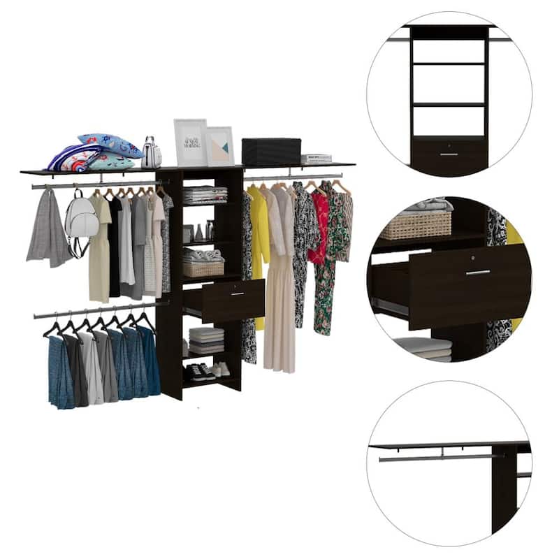 TUHOME Plego 70"W - 118"W Closet System with One Drawer, Black
