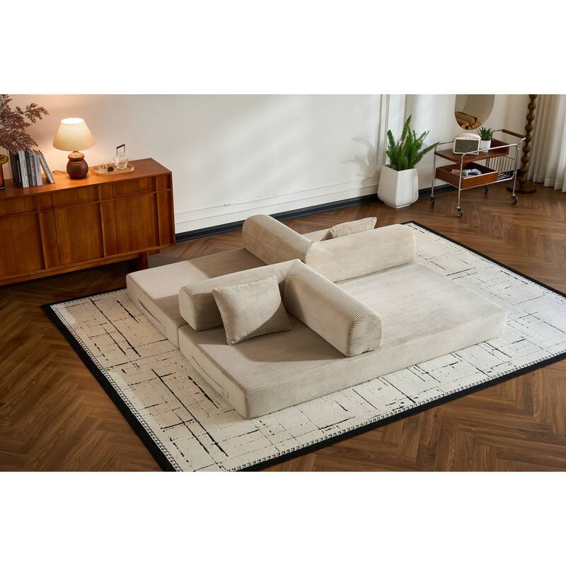 Convertible Sleeper Sofa Bed with Pillow, Corduroy Folding Mattress Couch with Fixed-Shape Frame, Floor Lounge Loveseat Sofa