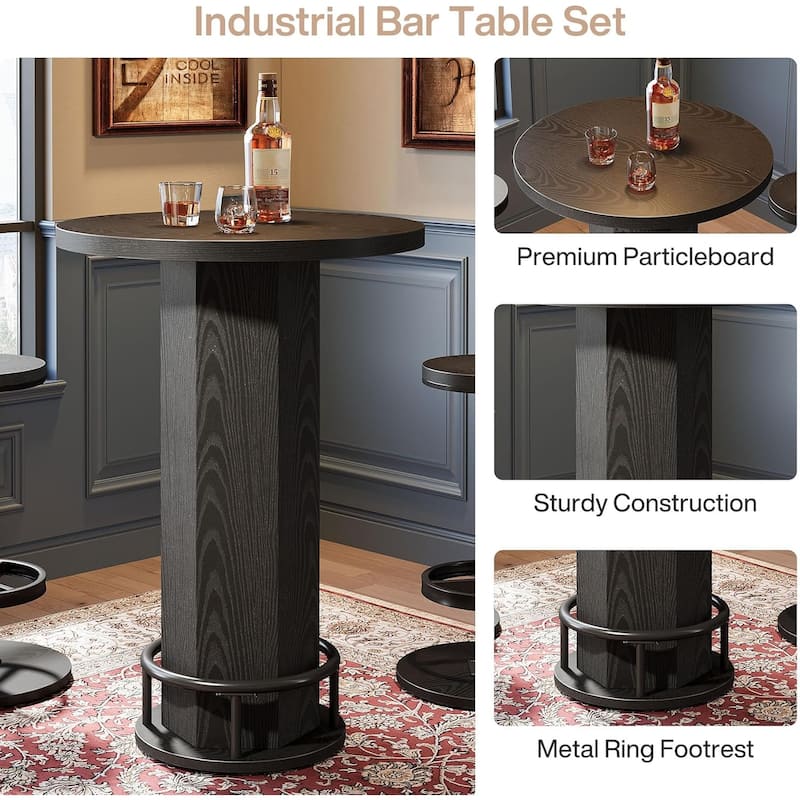 Industrial Round Bar Table with 2 barstools, Pub Table for Kitchen Nook, Apartment, Small Space