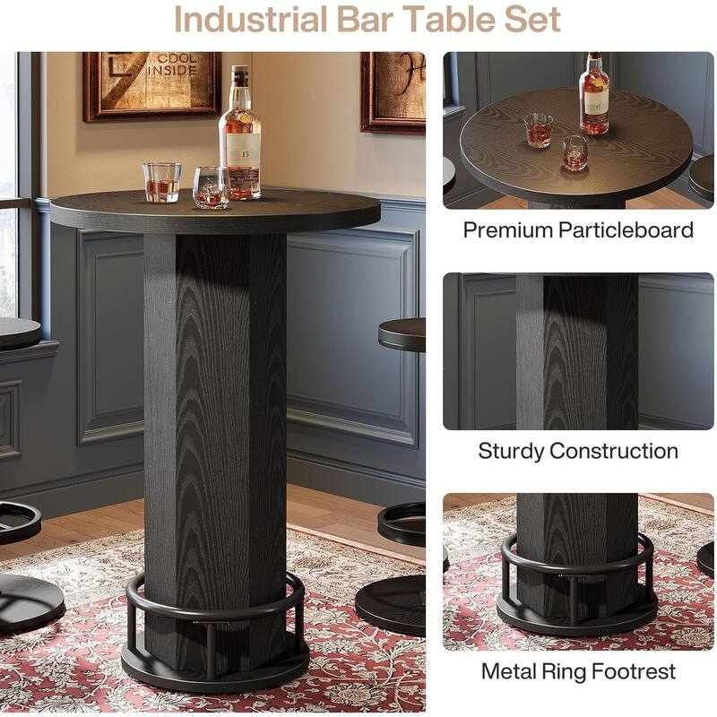 Round Bar Table with Chairs, Industrial Bistro Pub Sets with 2 barstools - 11.42" L x 11.42" W x 25.59" H