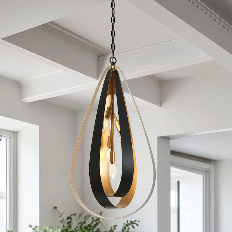 Dsmll Mid-century Modern 4-Light Chandelier Black Gold Lantern Pendant Lights for Dining Room - D15.5" x H30.3"  - Black and gold
