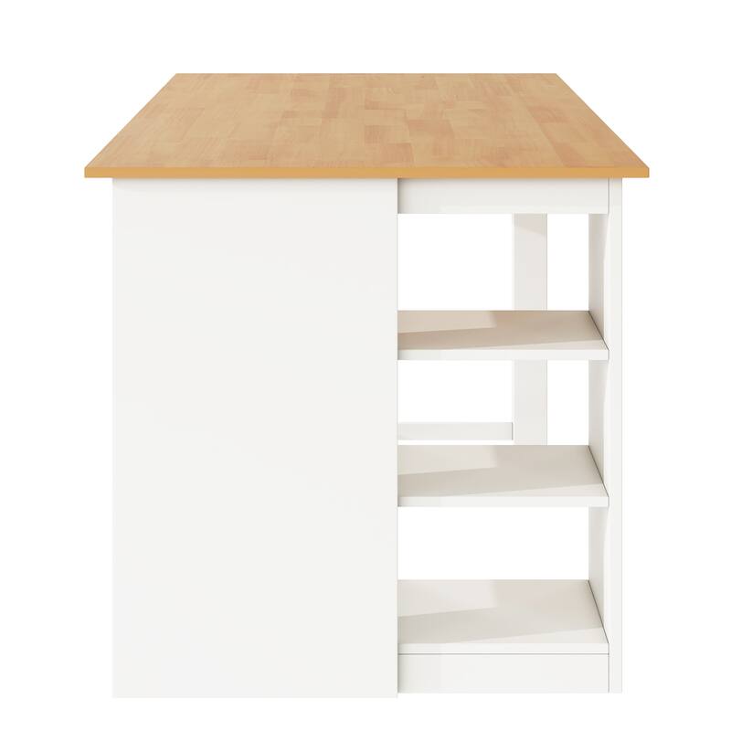 Solid Wood Farmhouse Counter Height Dining Table Set with 3-Tier Storage Shelves, Upholstered Dining Chairs for 4, 5-Piece