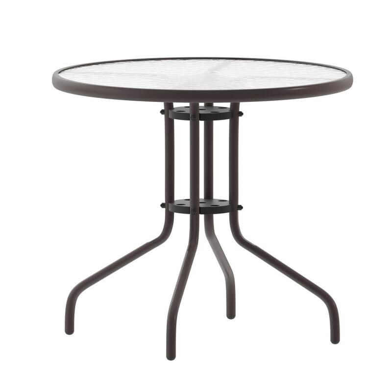 31.5" Round Glass Metal Table with 4 Metal Aluminum Slat Stack Chairs
