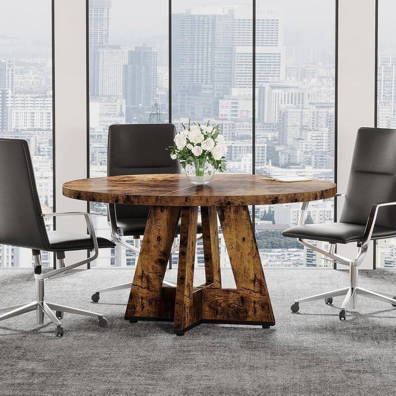 47" Round Conference Table Meeting Room Table with Thickened Top Wood Base Modern Training Desk for Conference/Seminar Room