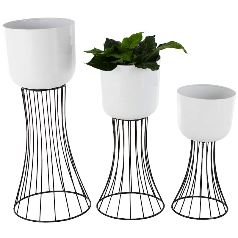 White Metal Indoor Outdoor Planter with Black Hourglass Stands (Set of 3)