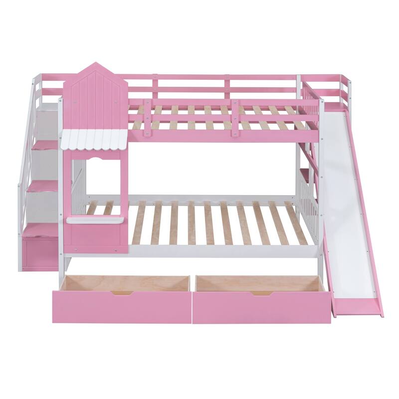 Pink Full-Over-Full Castle Bunk Bed with Drawers, Shelves, and Slide