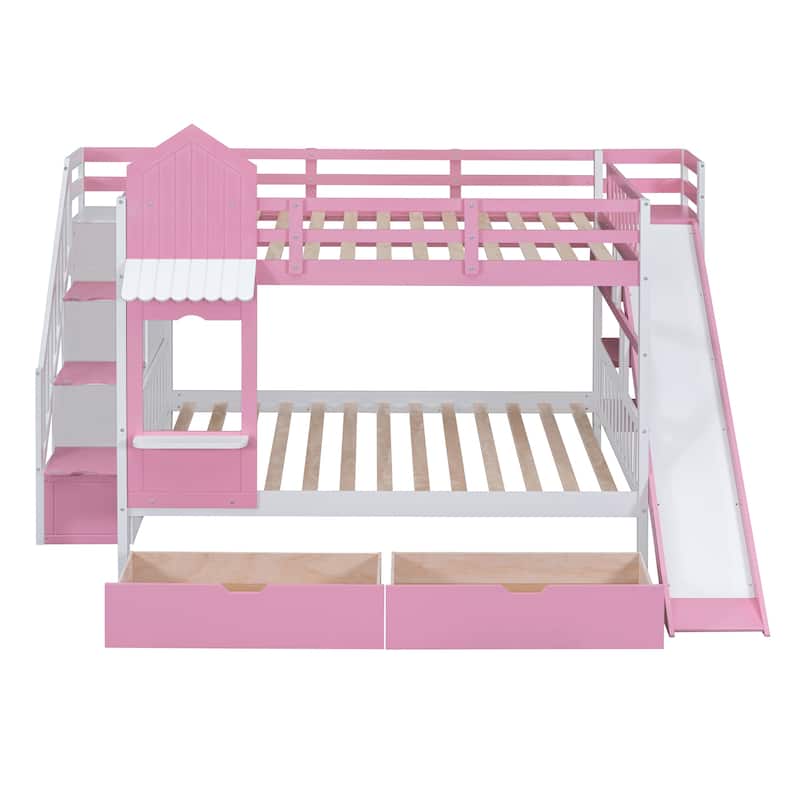 Solid Wood Castle Style Bunk Bed with Drawers and Slide