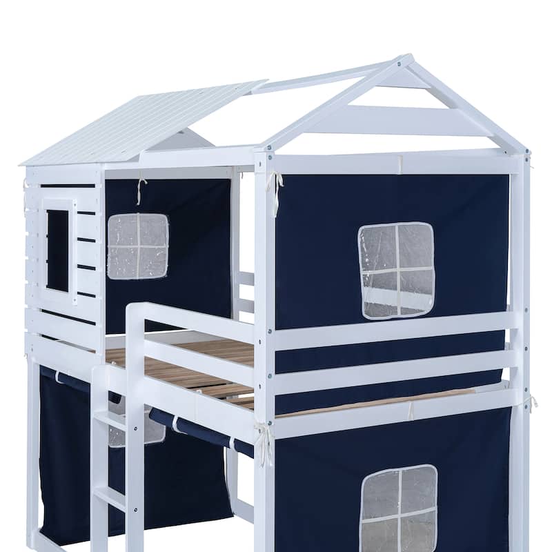 Blue Twin Size Solid Wood House Bunk Bed with Tent, Ladder, and Fence
