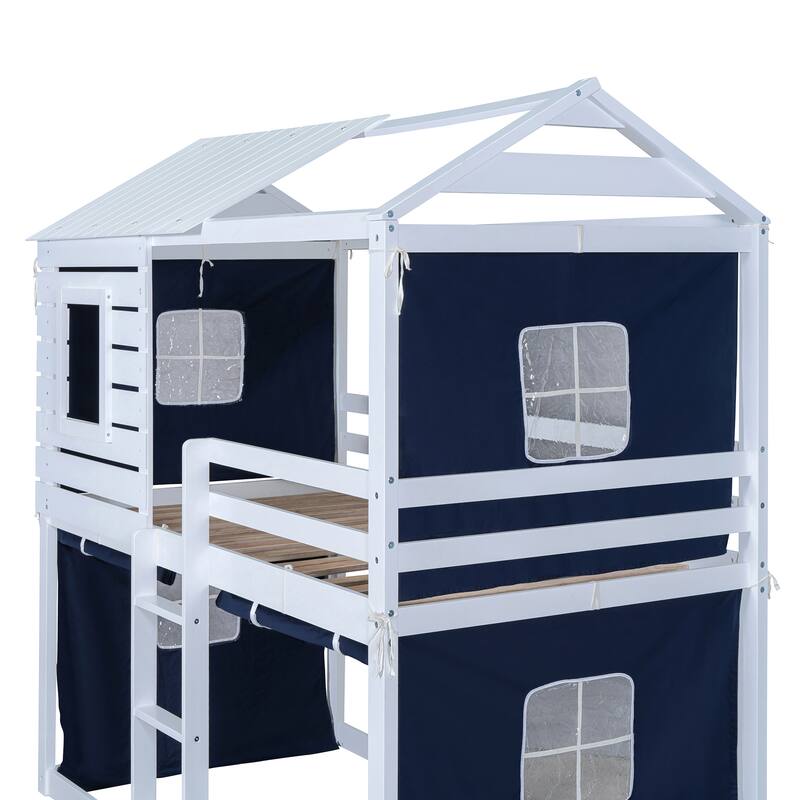 Solid Wood House Bunk Bed with Tent, Ladder and Fence for Kids, Bedroom