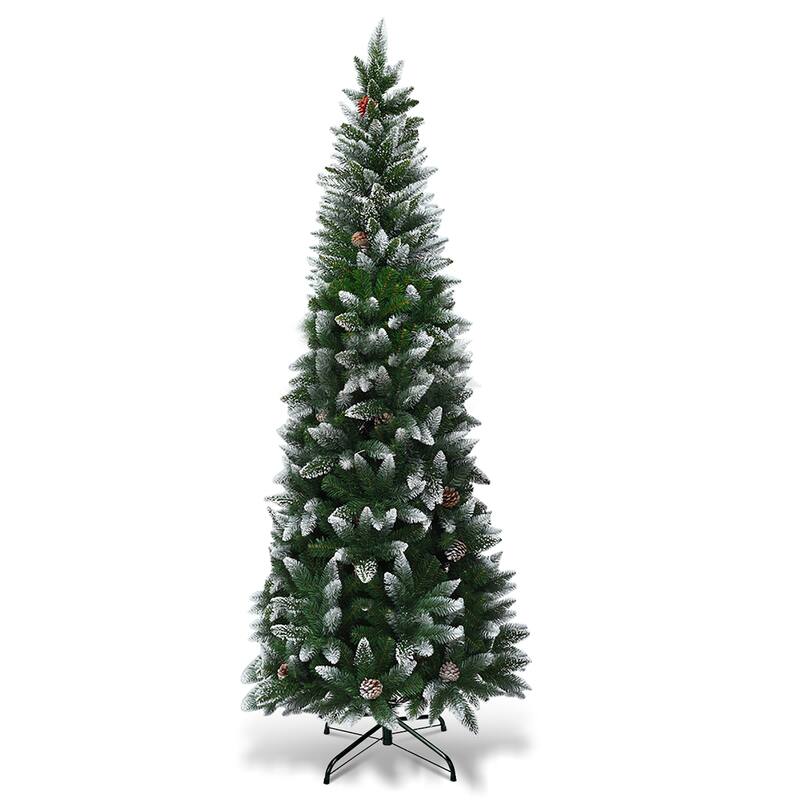 Artificial Pencil Christmas Tree Snow Flocked with Metal Stand - 7.5 Foot