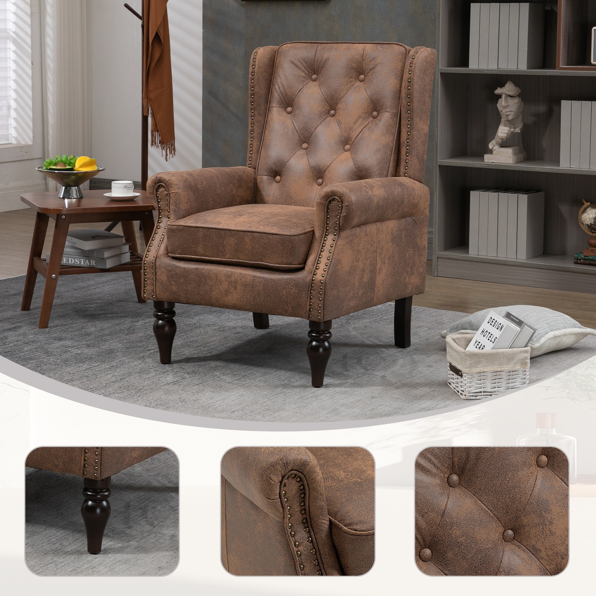Vintage Brown Wingback Chair, Tufted Accent Armchair with Nailhead Trim for Living Room