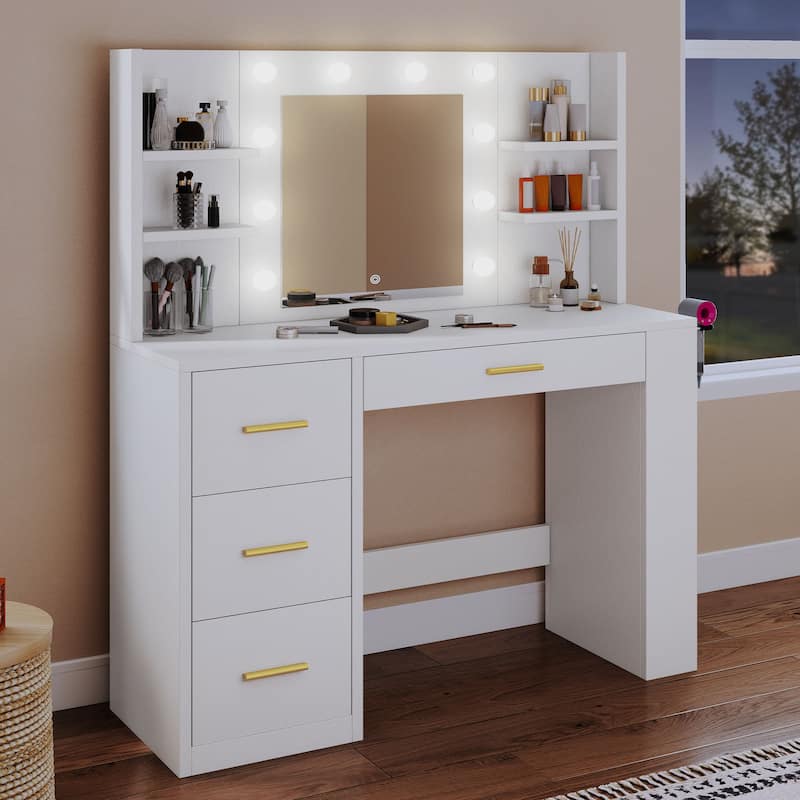Moasis Makeup Vanity Desk with Mirror & 10 Lights,Makeup Table with 4 Drawers and 8 Open Storage Shelves - White