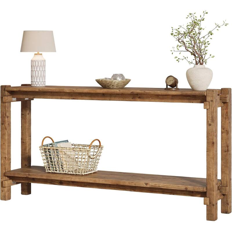2-Tier Farmhouse Entryway Table, 63-Inch Solid Wood Console Table