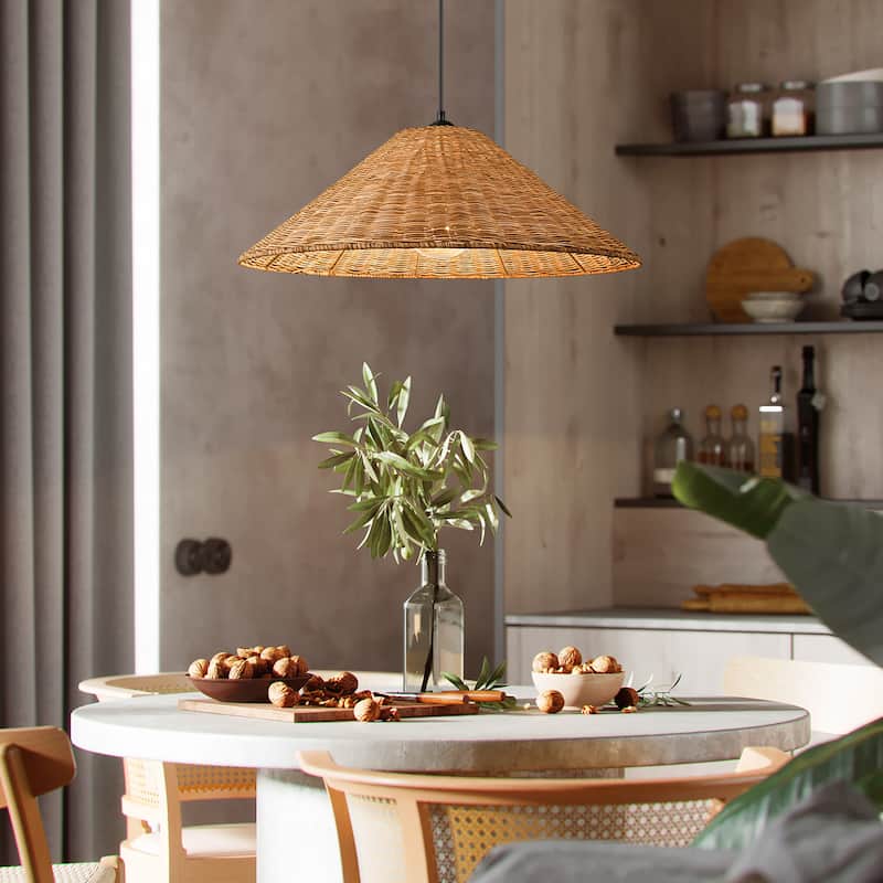 1-Light Farmhouse Straw Hat Hand Woven Chandelier with Natural Rattan Shade