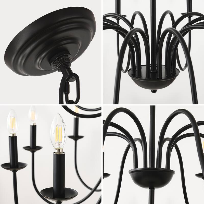 12-Light Farmhouse Chandelier, Black Metal Chandeliers Adjustable Height-E12