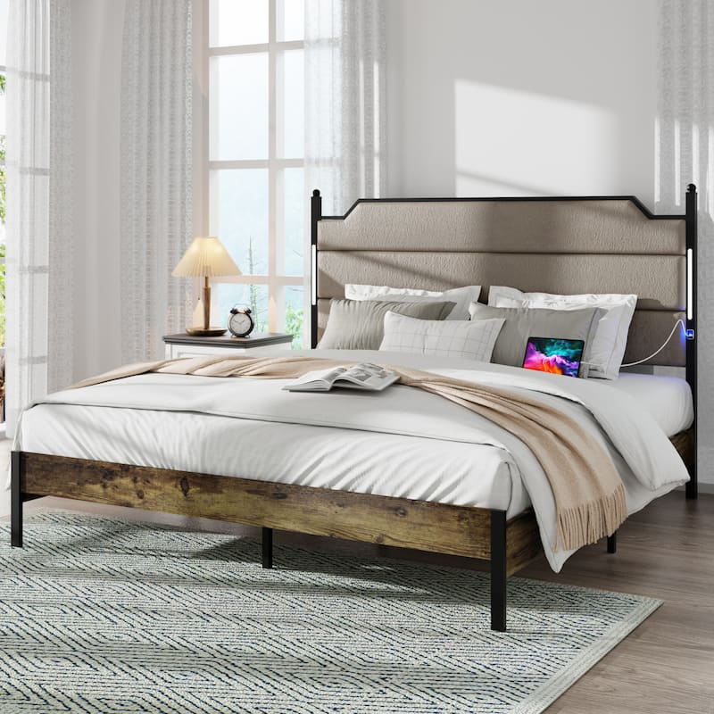 Queen Size Bed Frame with Dark Gray Upholstered Headboard, LED Lights, Charging Station, Wood Slats, No Box Spring Needed