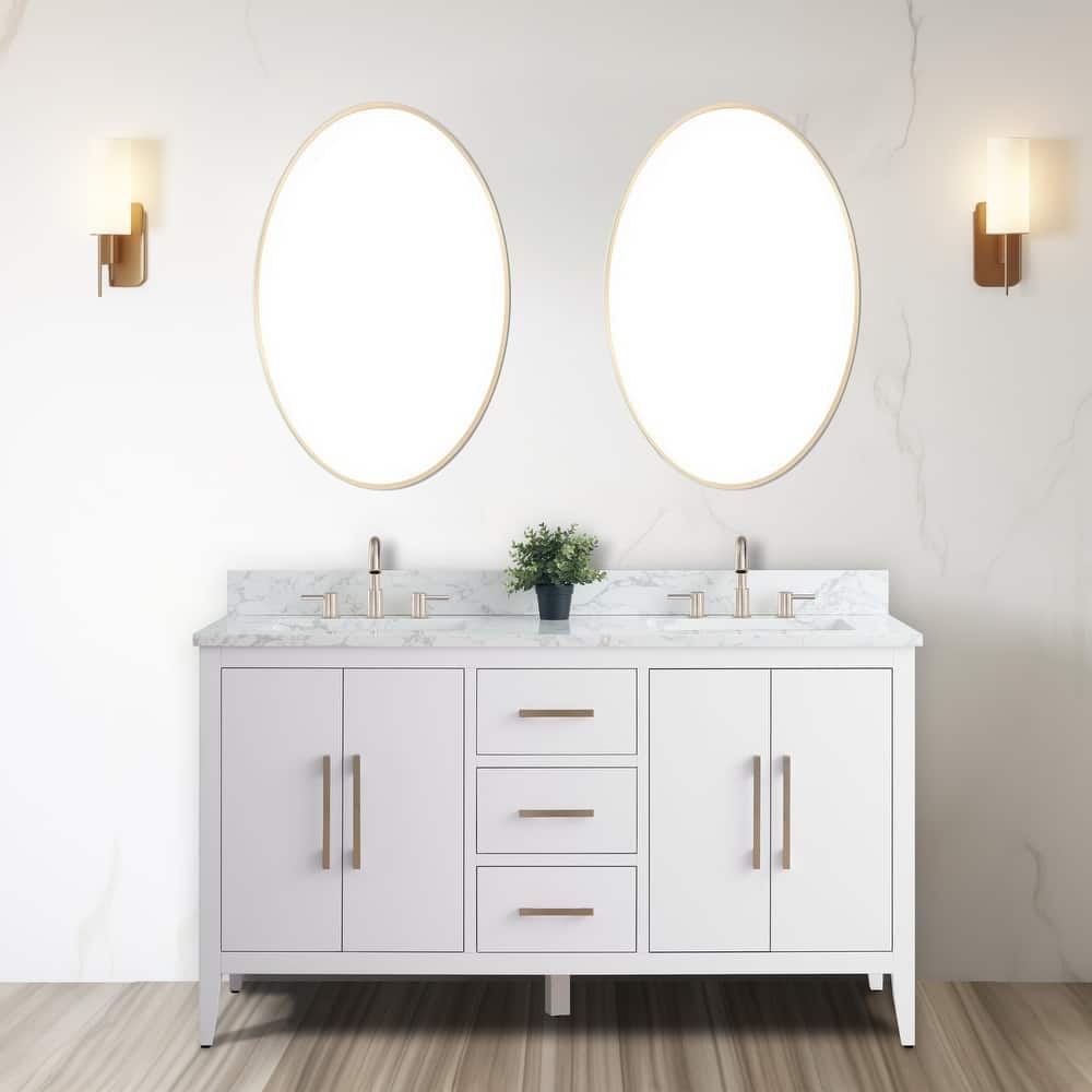 Vanity Art 60" Double Sink Bathroom Vanity Cabinet with Engineered Marble Top