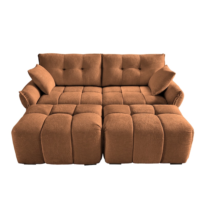 78.7" Chenille 2-Seater Sofa Set with 2 Ottomans and Throw Pillows, Plush Deep Seating Design