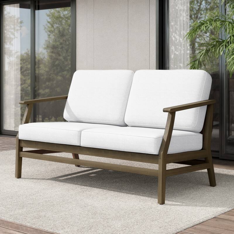 Teak Outdoor Patio Club Chairs Loveseat with Cushions - Natural Wood - Loveseat/Beige