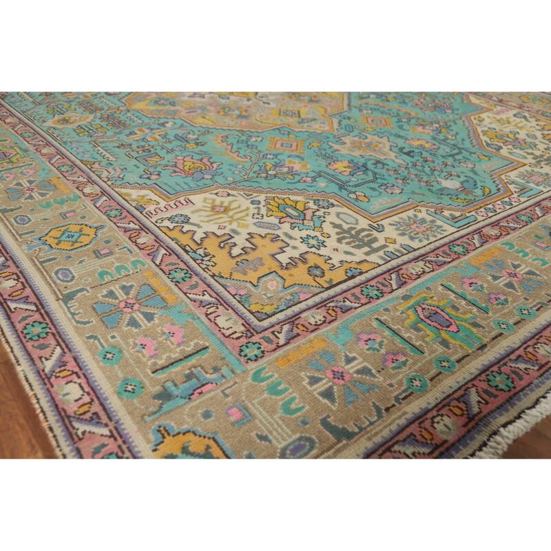 Hand Knotted Oriental 100% Wool Carpet Traditional Floral Navy Blue & Blues Tabriz Area Rug - 9' 6'' X 6' 9''
