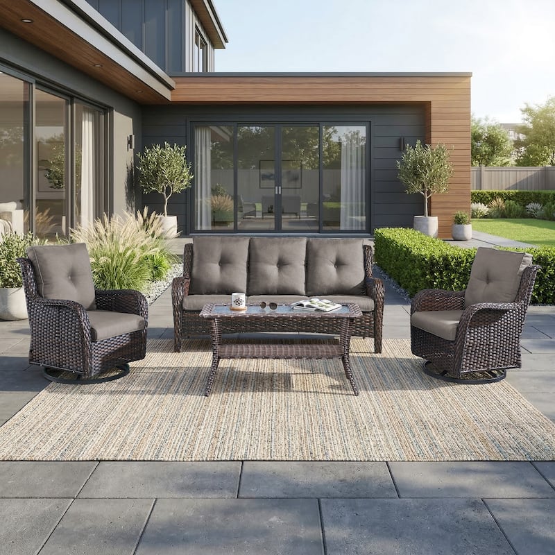 Pocassy Outdoor Patio Wciker Sofa Furniture Set of Chair Table. - Brown Wicker with Gray Cushion - 4-Piece Patio Sofa Swivel Chair w/ Coffee Table