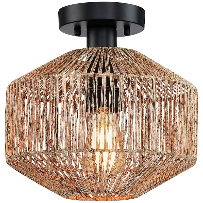 True Fine Bohemian Natural Jute Rope Semi Flush Mount Ceiling Light with Black Hardware