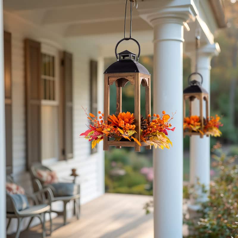 Glitzhome 20"H Fall Pumpkin Sunflower Pine Cone Wooden Hanging Lantern Table Centerpiece