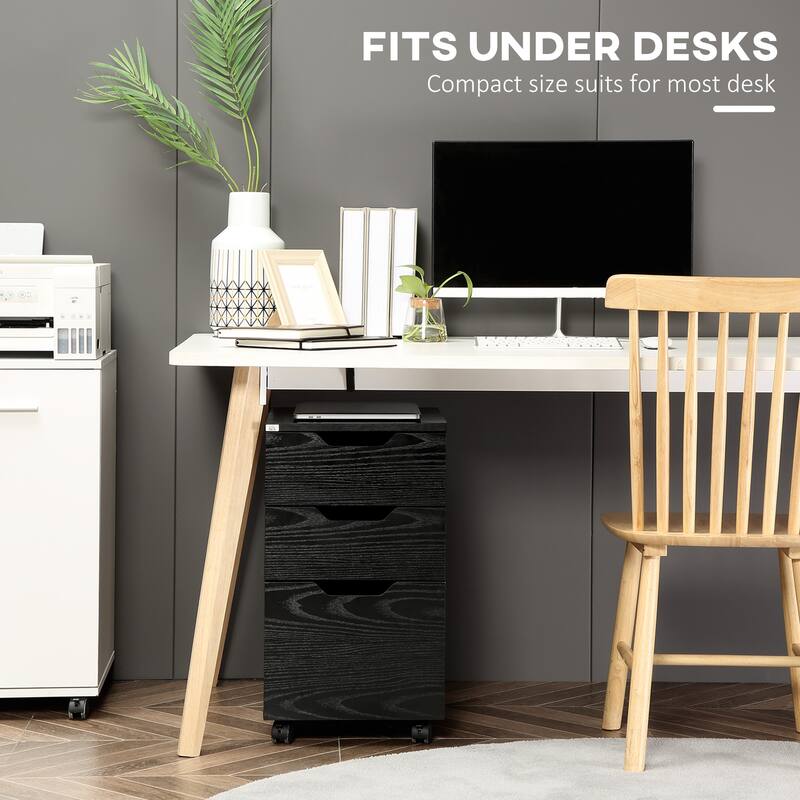 Modern 3-Drawer Office Storage Cabinet with Wheels, Black Wood Grain