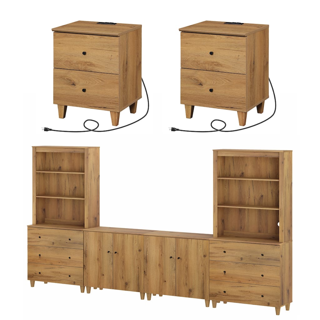 WAMPAT TV Stand and End Table Set of 3, Entertainment Center for 75" TV with Cabinets and Drawers, 2 Side Tables for Living Room