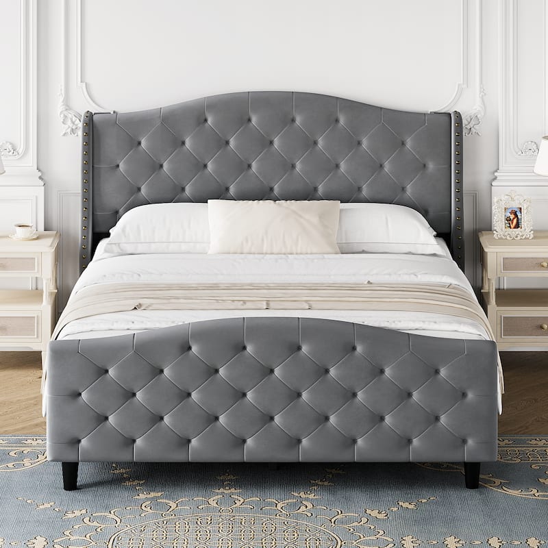 Bed Frame With Velvet Upholstered Headboard And Footboard - Grey - Queen