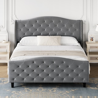 King Bed Frame with Headboard and Footboard, Tufted Upholstered Platform King Size Bed Frame