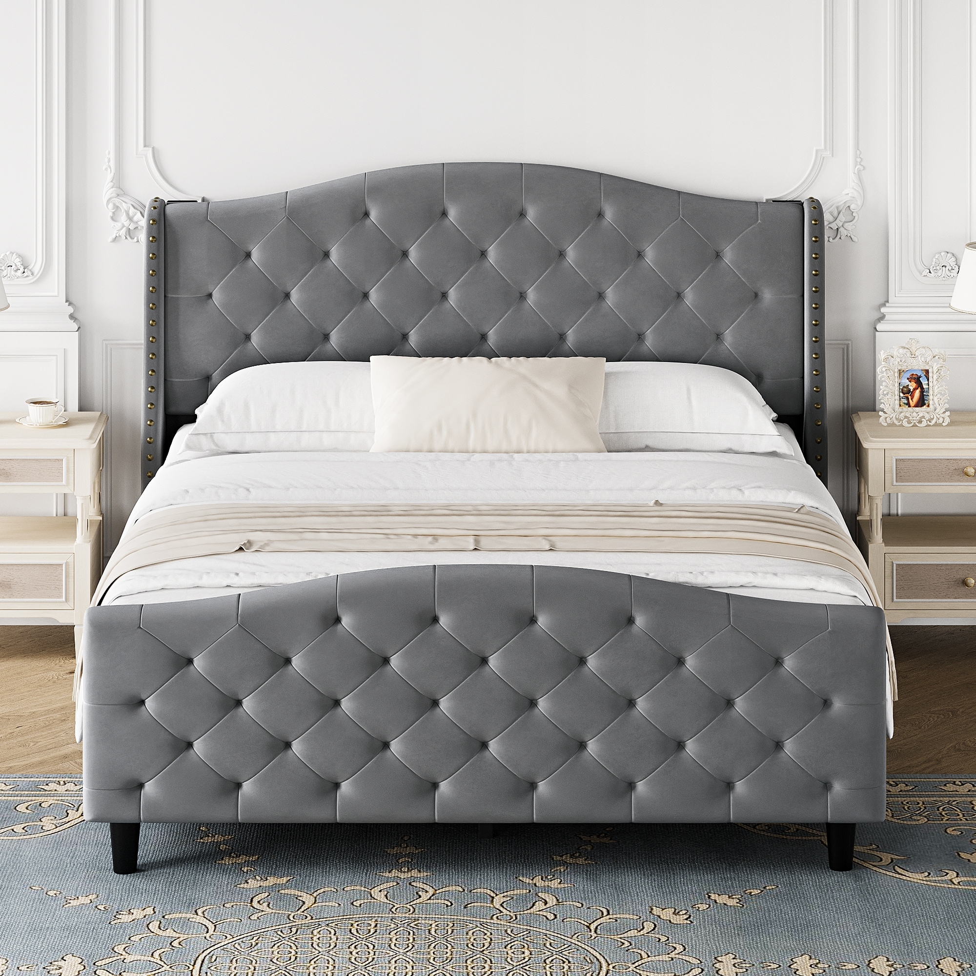 King Bed Frame with Headboard and Footboard Tufted Upholstered Platform King Size Bed Frame