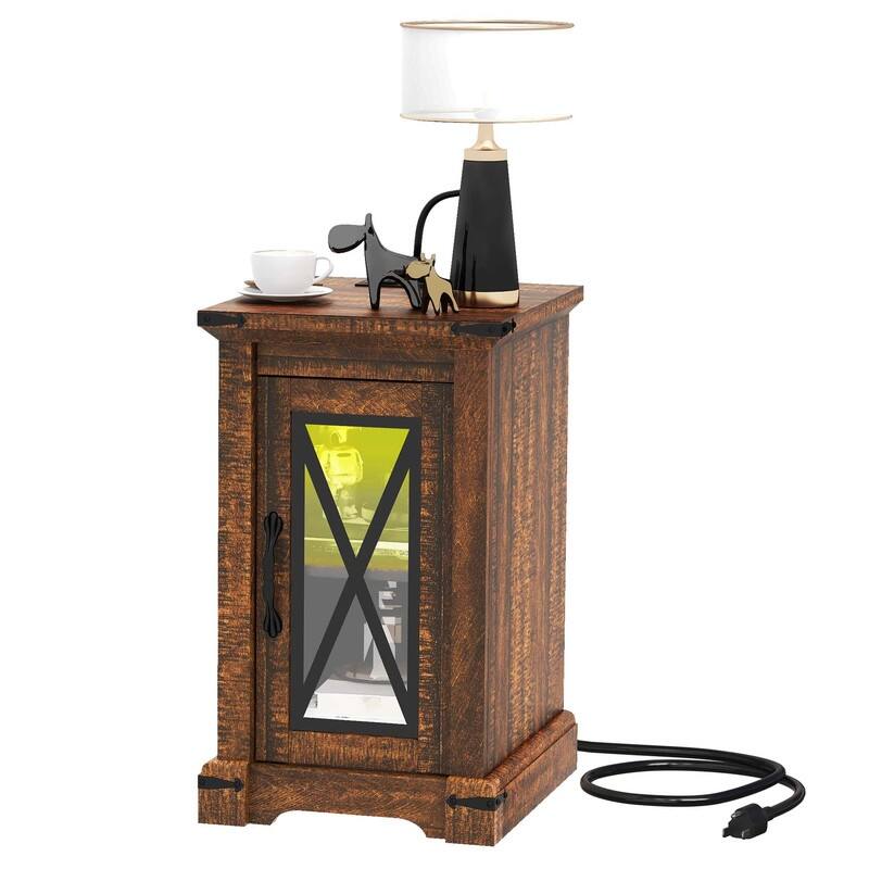Moasis Farmhouse LED Light End Table with Charging Station, Chairside Sofa Side Table with Storage