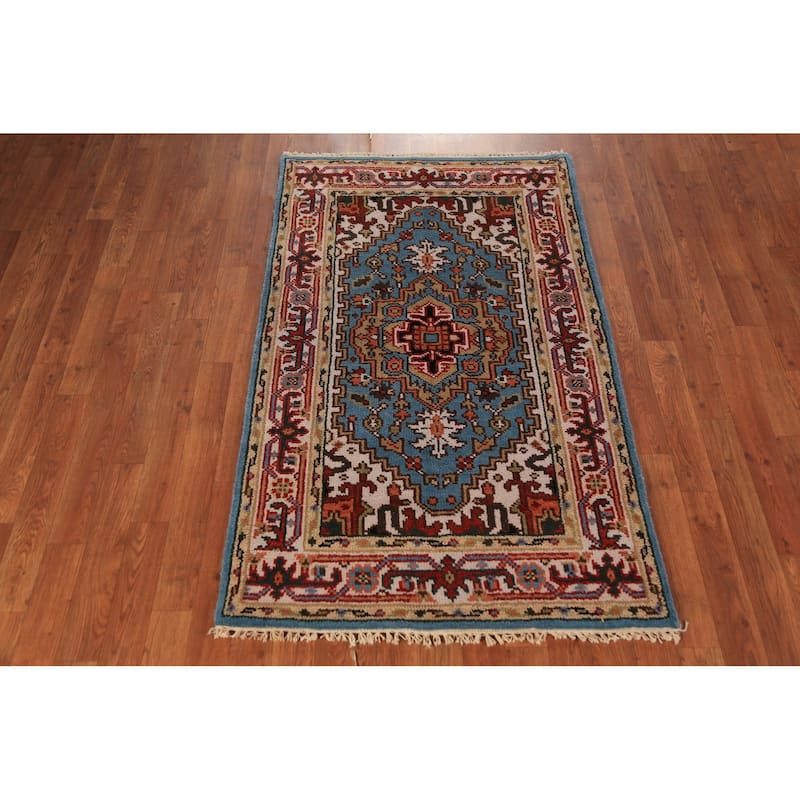 Light Blue Geometric Heriz Serapi Foyer Rug Handmade Wool Carpet - 3'0"x 5'0"