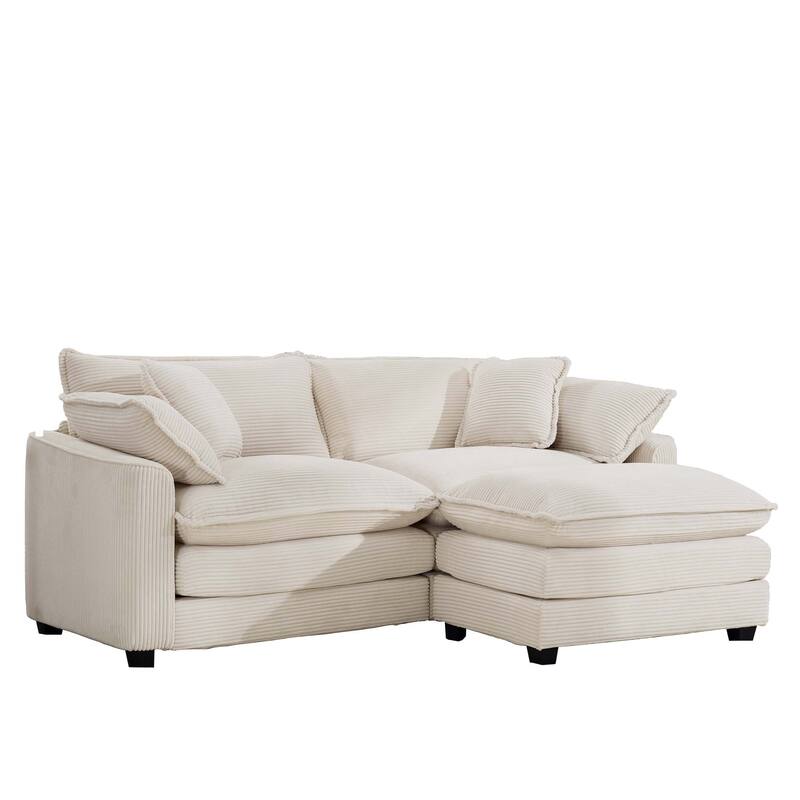 Beige Corduroy Cloud L-Shaped Sectional Sofa with Removable Ottoman and 4 Pillows