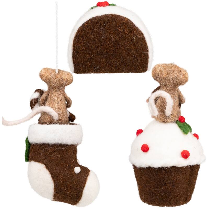Mice with Cake and Candies Christmas Decorations - 7" - Brown and White - Set of 3