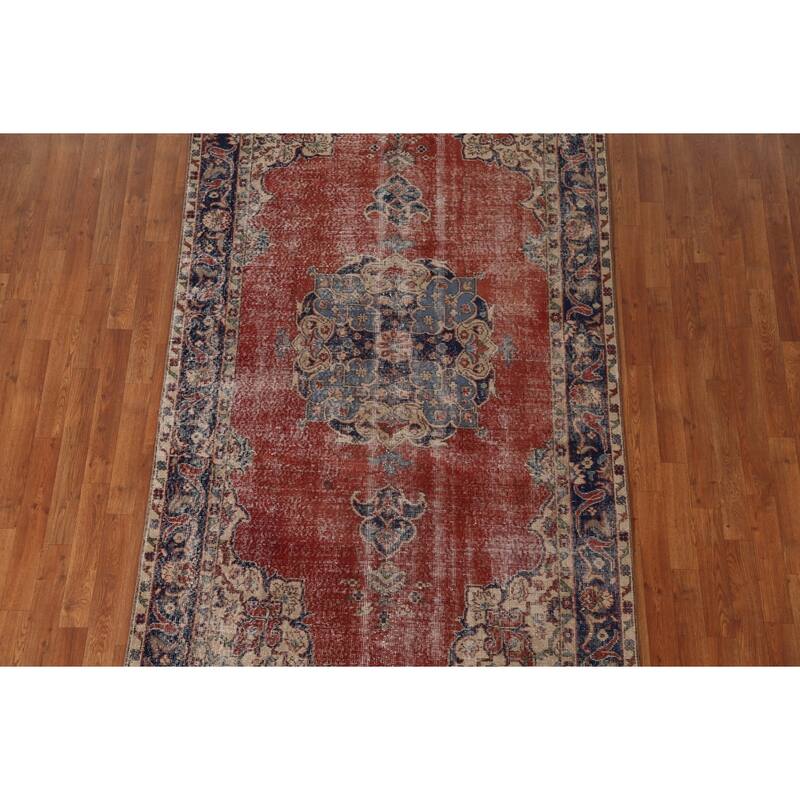 Distressed Oushak Turkish Vintage Area Rug Hand-Knotted Wool Carpet - 4'10" x 8'7"