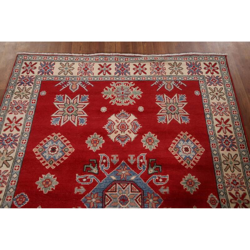 Red Geometric Kazak Area Rug Handmade Bedroom Wool Carpet - 5'0" x 6'9"