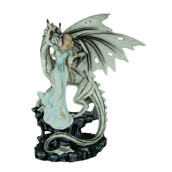 Young Fairy and White Dragon Statue On Ledge Statue 19 inch - 18.75 X 14.5 X 10.5 inches